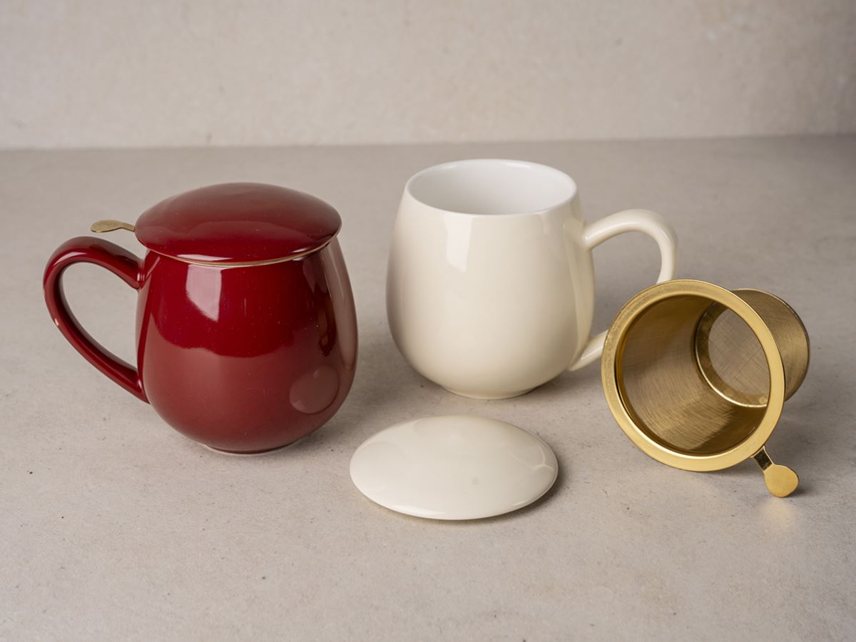 Tekrus i porselen m gyldent filter & lokk BORDEAUX RØD