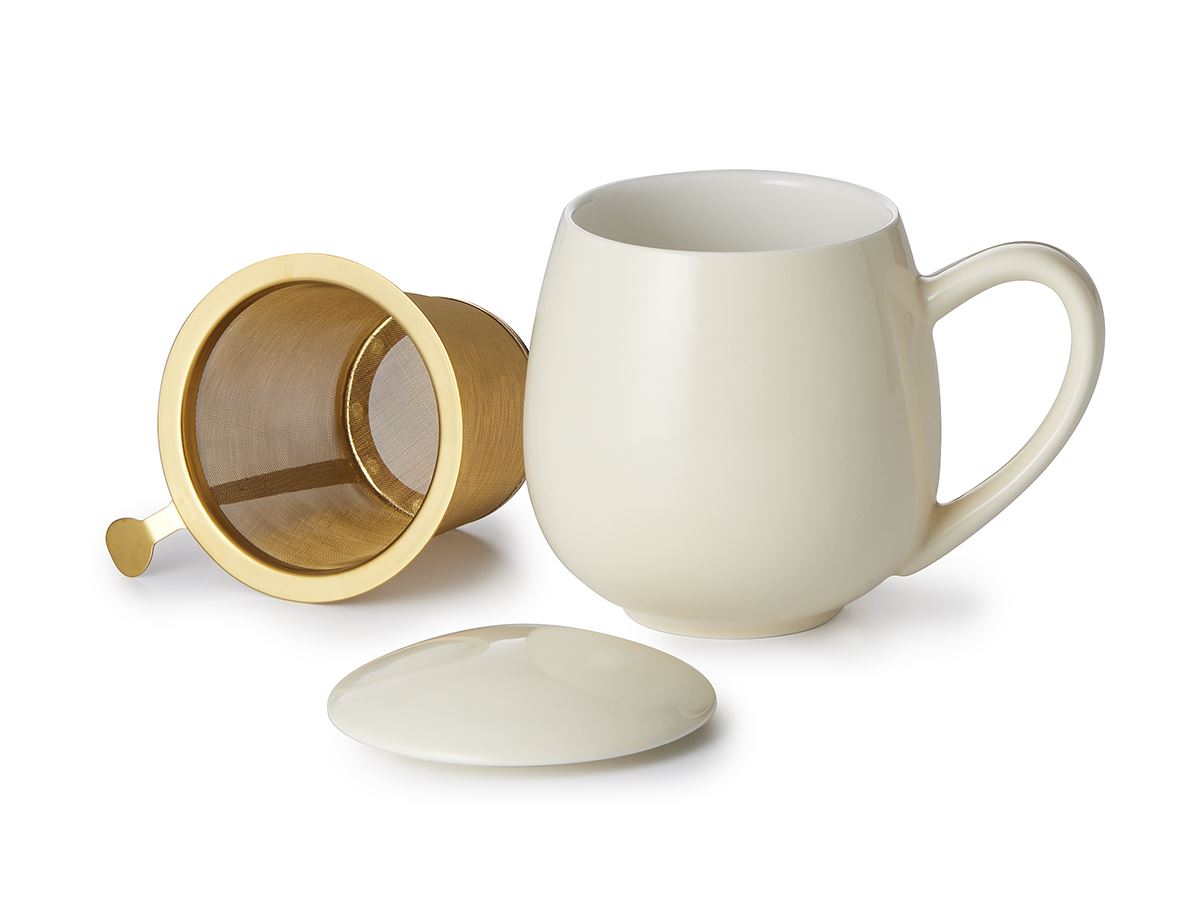 Tekrus i porselen m gyldent filter & lokk KREMHVIT