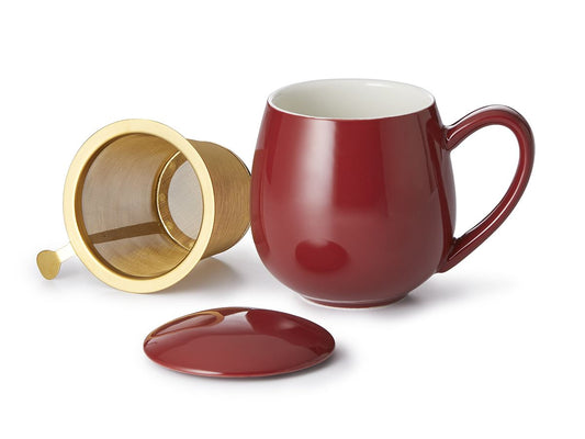 Tekrus i porselen m gyldent filter & lokk BORDEAUX RØD